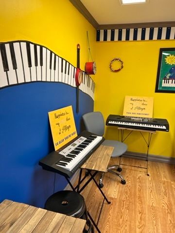 A room with two keyboards and a chair in it