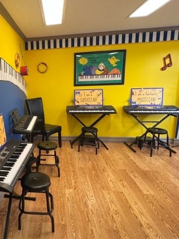 A room with a lot of keyboards and stools