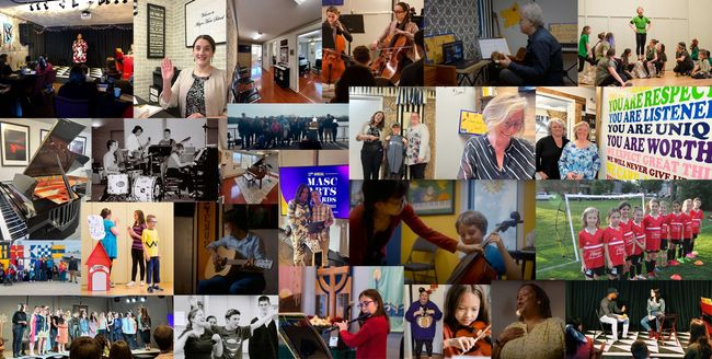 Collection of diverse photos: musical performances, art, sports, and community gatherings.