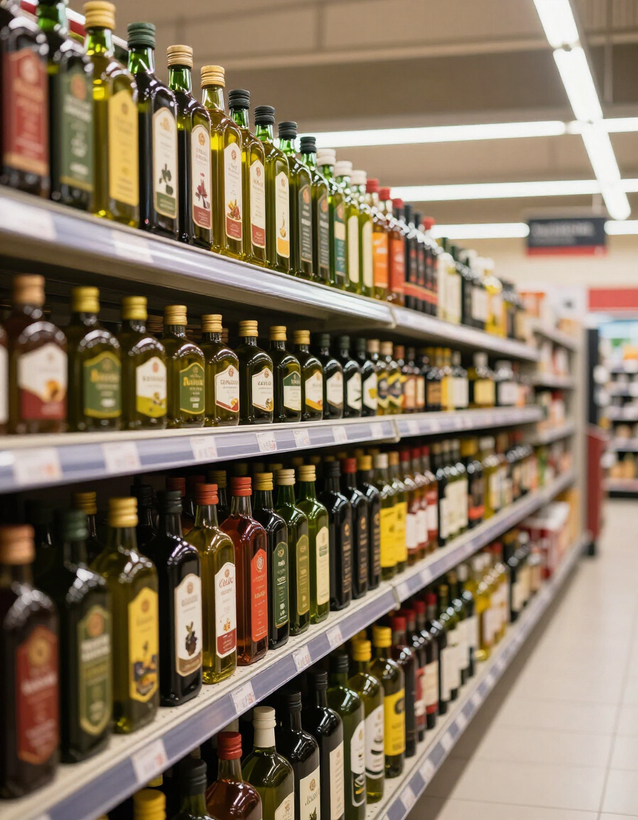 Scaffale della grande distribuzione con bottiglie Aromolio olio aromatizzato in supermercato italiano