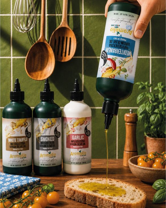 Aromolio formato Squeezable olio aromatizzato in uso su una fetta di pane
