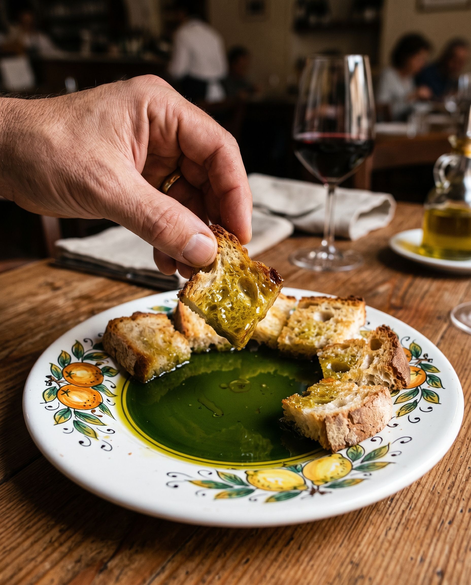 Chef professionista che irrora un piatto con olio Aromolio in cucina
