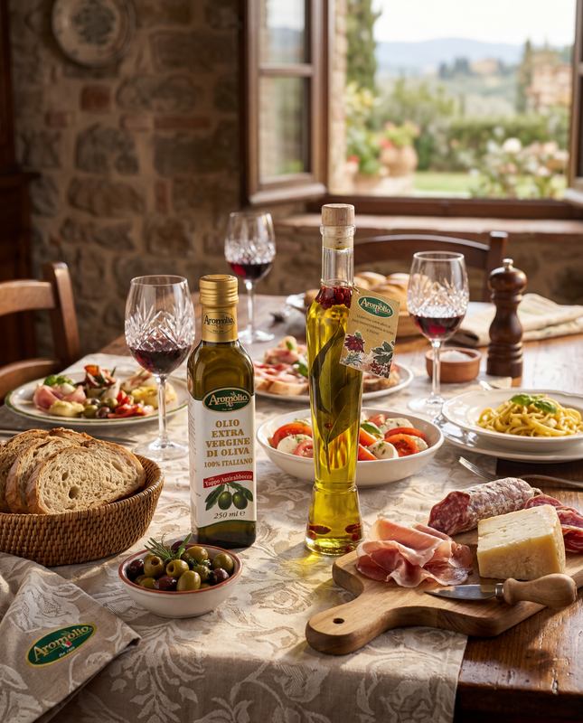 Bottiglia Aromolio olio extravergine aromatizzato su bancone in marmo in cucina italiana