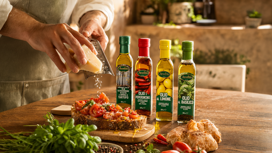 Aromolio Olio al Basilico 250ml su tavola elegante in cortile con architettura ad archi