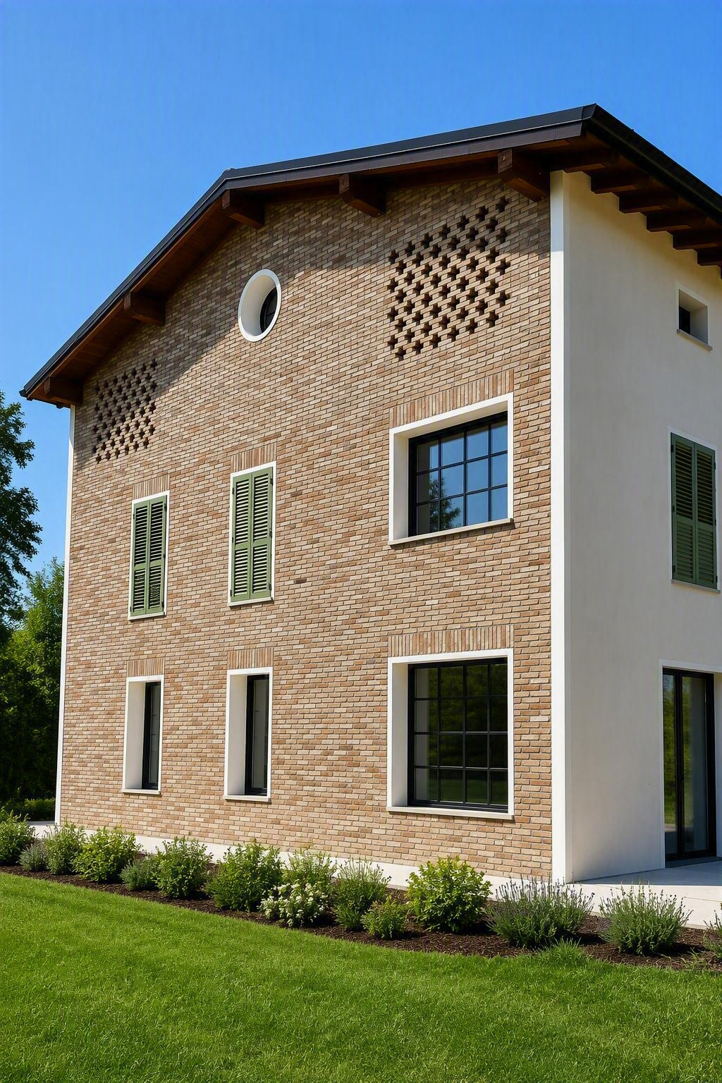 Esterno di una casa in mattoni e stucco con finestre incorniciate di verde e un prato ben curato sotto un cielo azzurro.