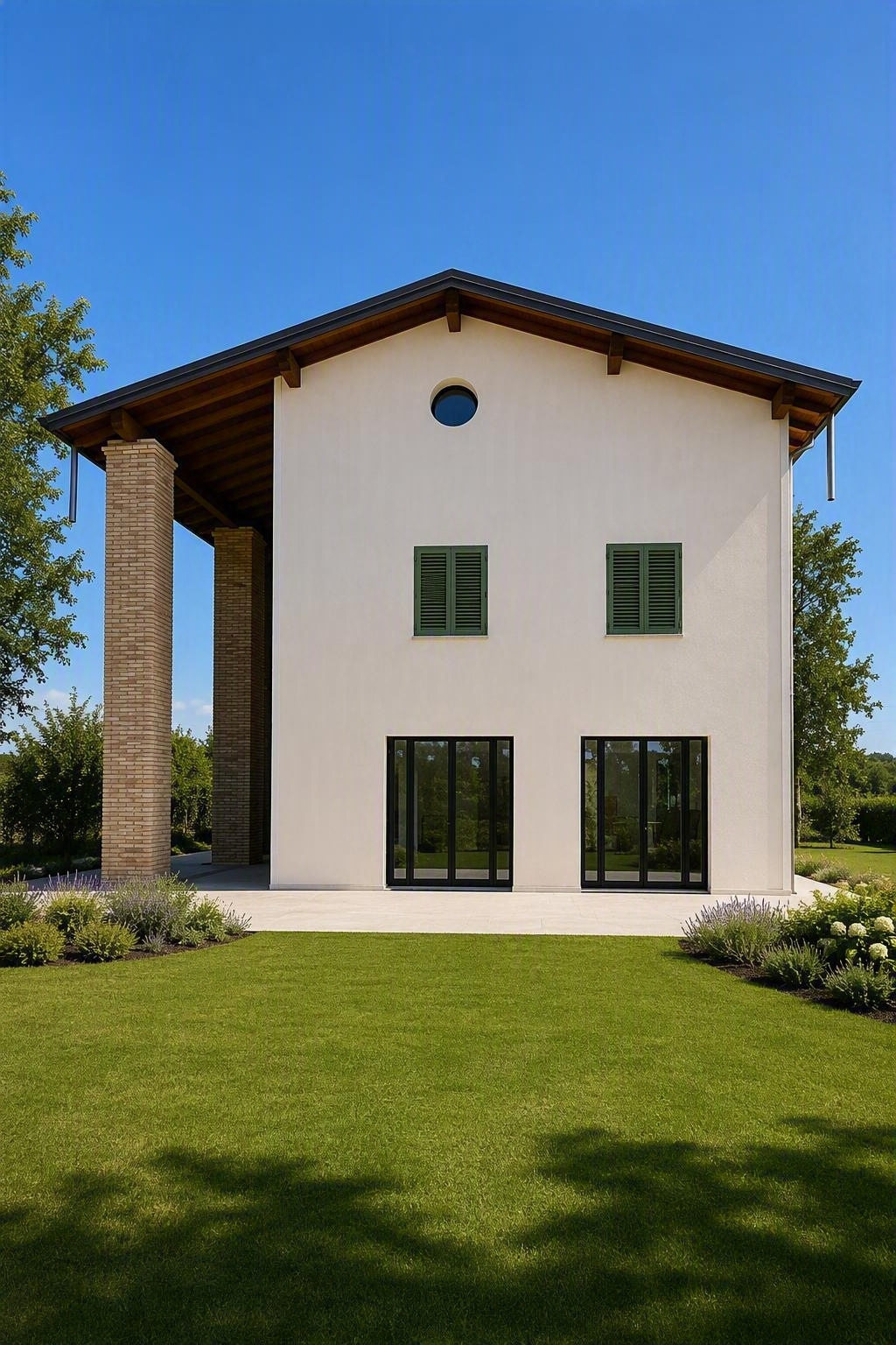 Casa moderna a due piani con intonaco bianco, persiane verdi e un grande prato sotto un cielo azzurro.