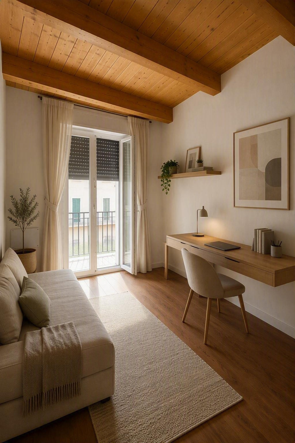 Stanza vuota e luminosa con pavimento in legno e grandi porte a vetri lungo una parete.