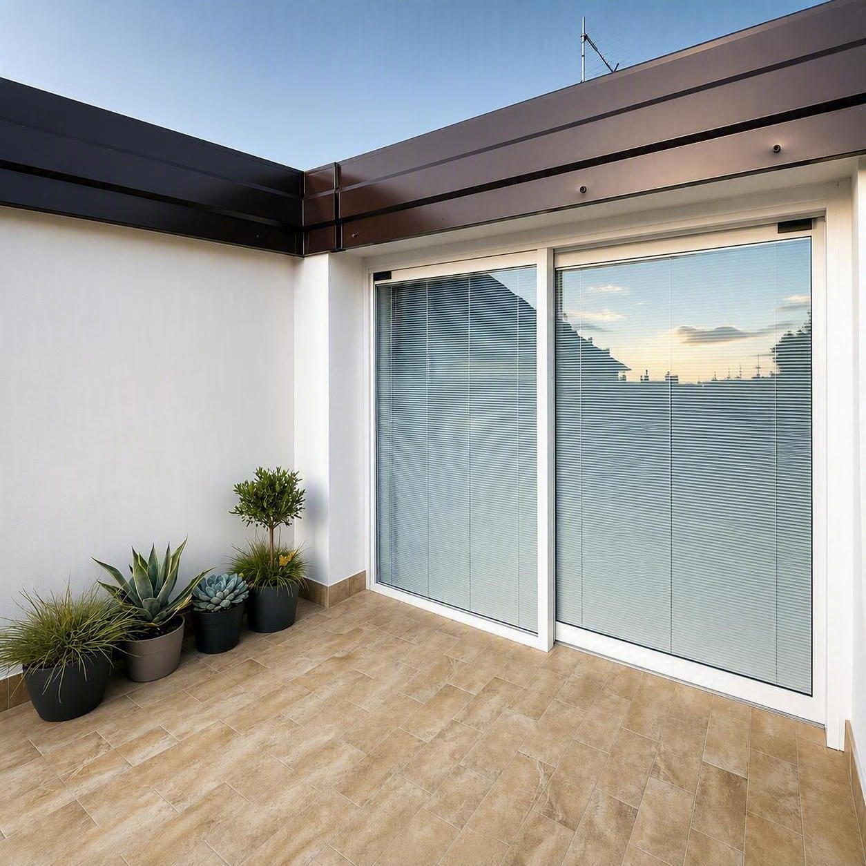 Piccolo patio con pavimento effetto legno, piante in vaso e una porta scorrevole in vetro sotto un cielo limpido