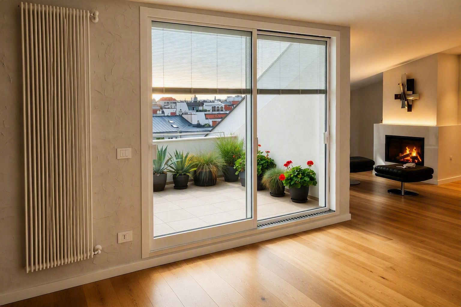Soggiorno moderno con ampie porte scorrevoli in vetro che si aprono su un balcone innevato con vista sulla città.
