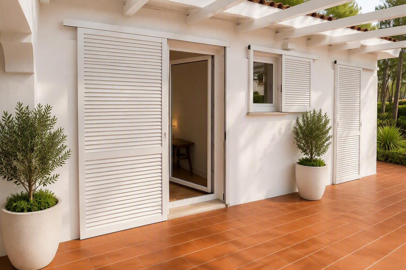Patio bianco con porta scorrevole, pavimento in piastrelle di terracotta, persiane bianche e piante in vaso sotto un pergolato.