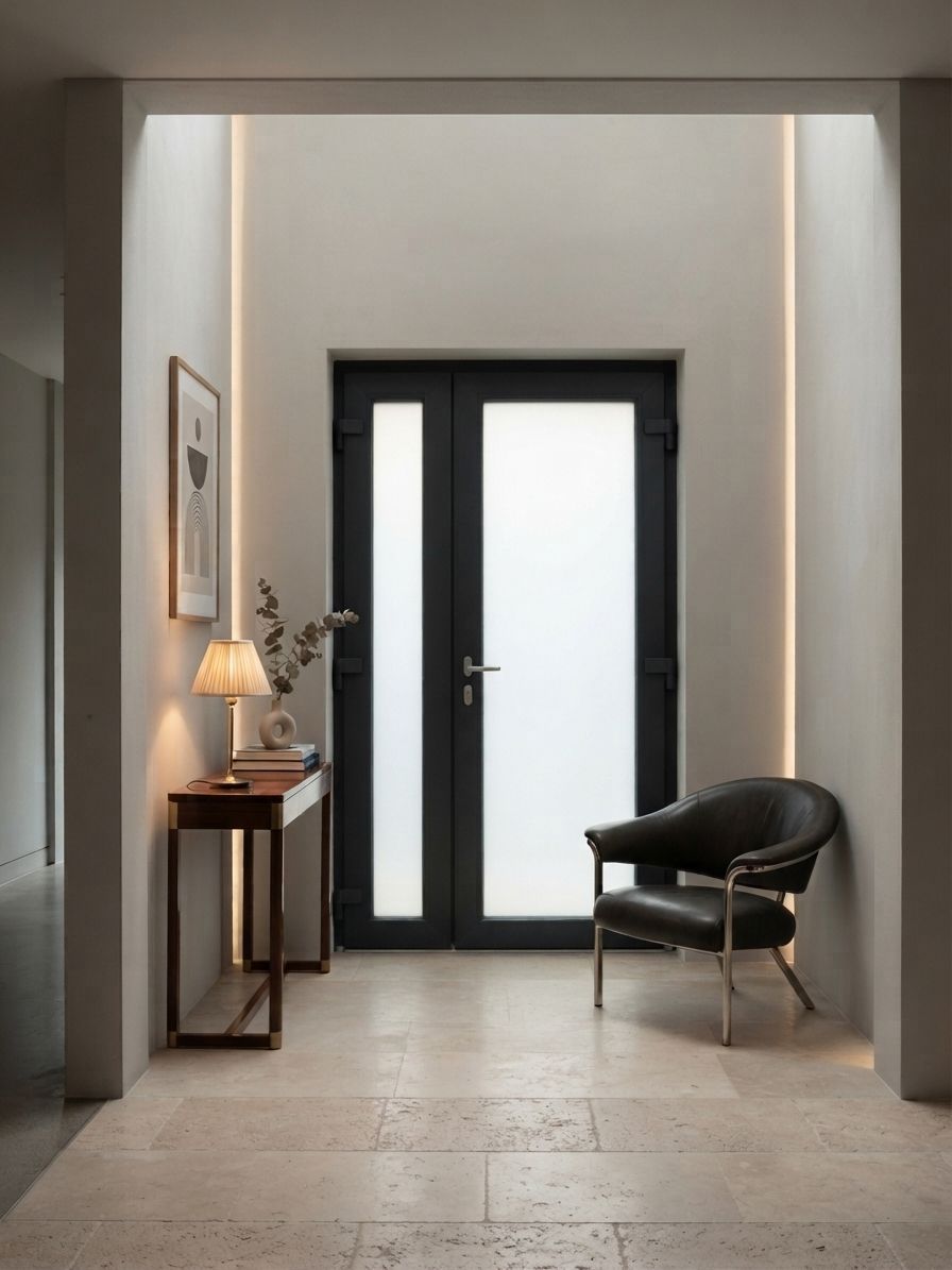 Corridoio moderno con porta in vetro satinato, piccola lampada da tavolo e sedia nera su pavimento beige.