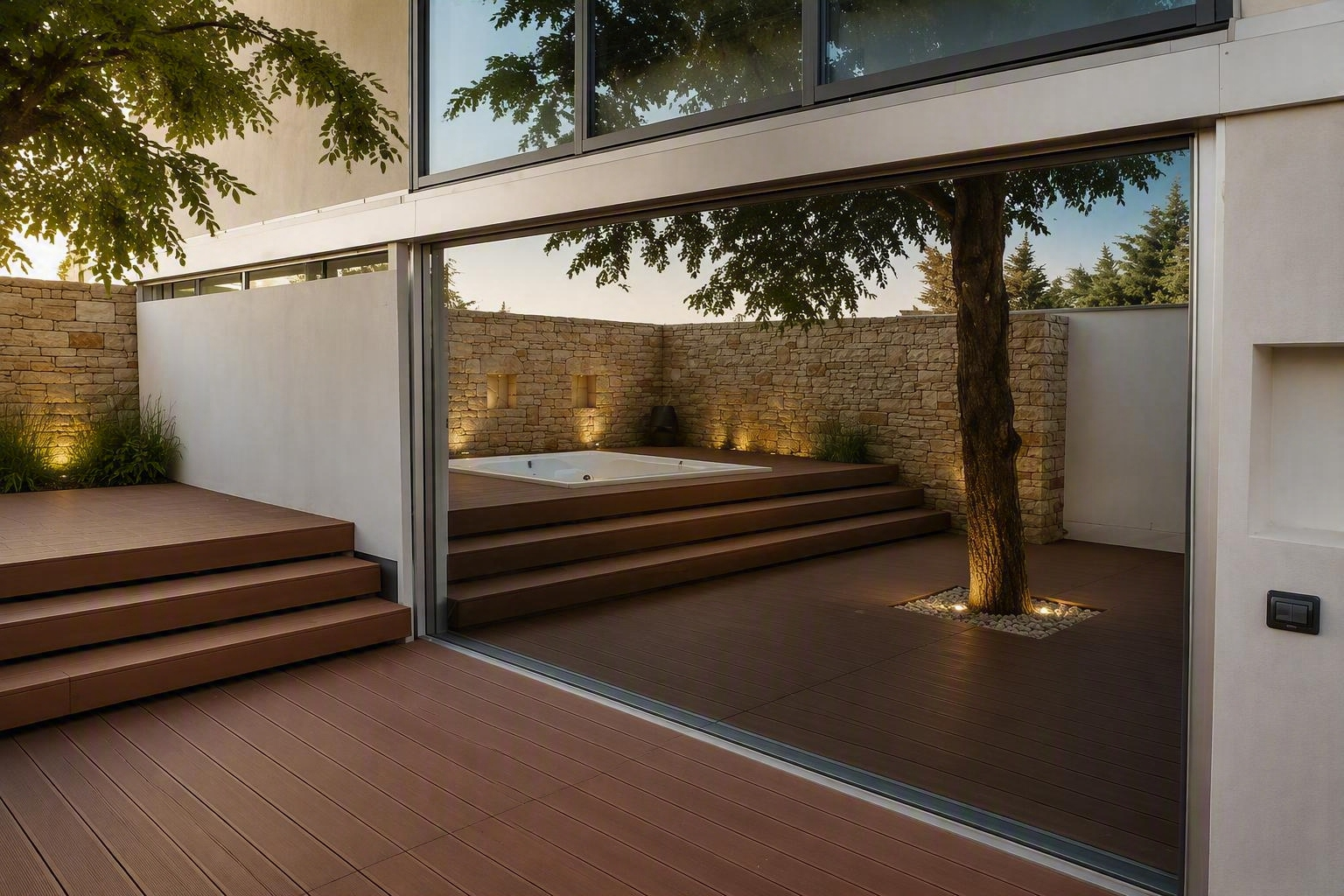 Cortile moderno con muri in pietra, scalini in legno e un albero sotto una tettoia di vetro al tramonto.