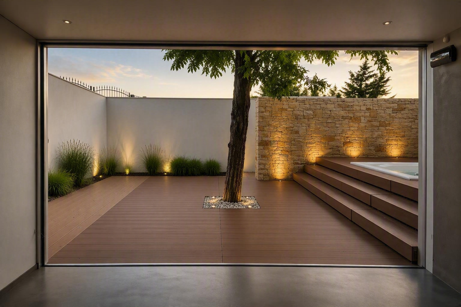 Cortile moderno visto attraverso una porta, con pavimentazione in legno, un albero, un muro in pietra e scalini illuminati al tramonto.