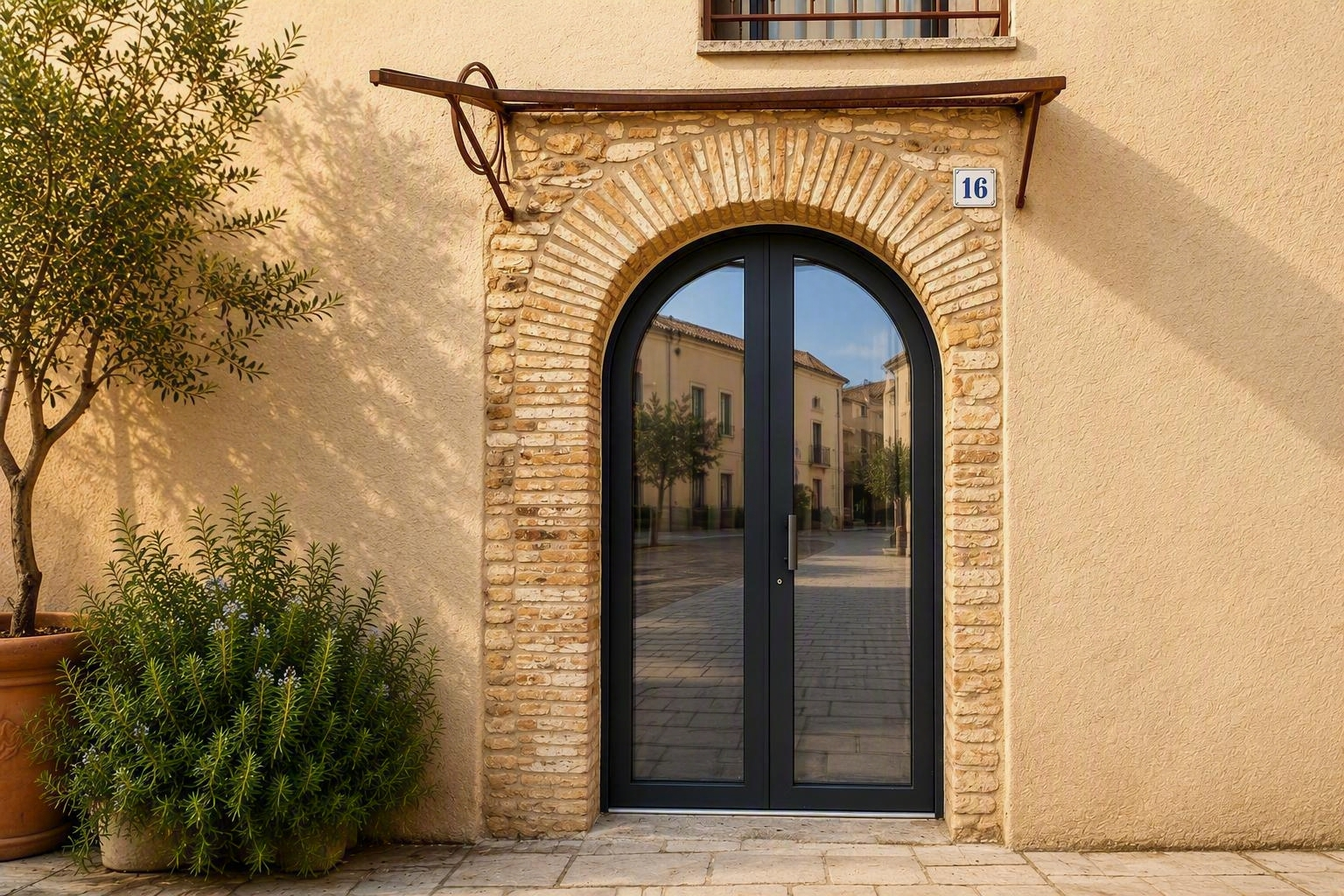 Portale ad arco con cornice in pietra su un edificio beige, con porte in vetro scuro e piante in vaso nelle vicinanze.