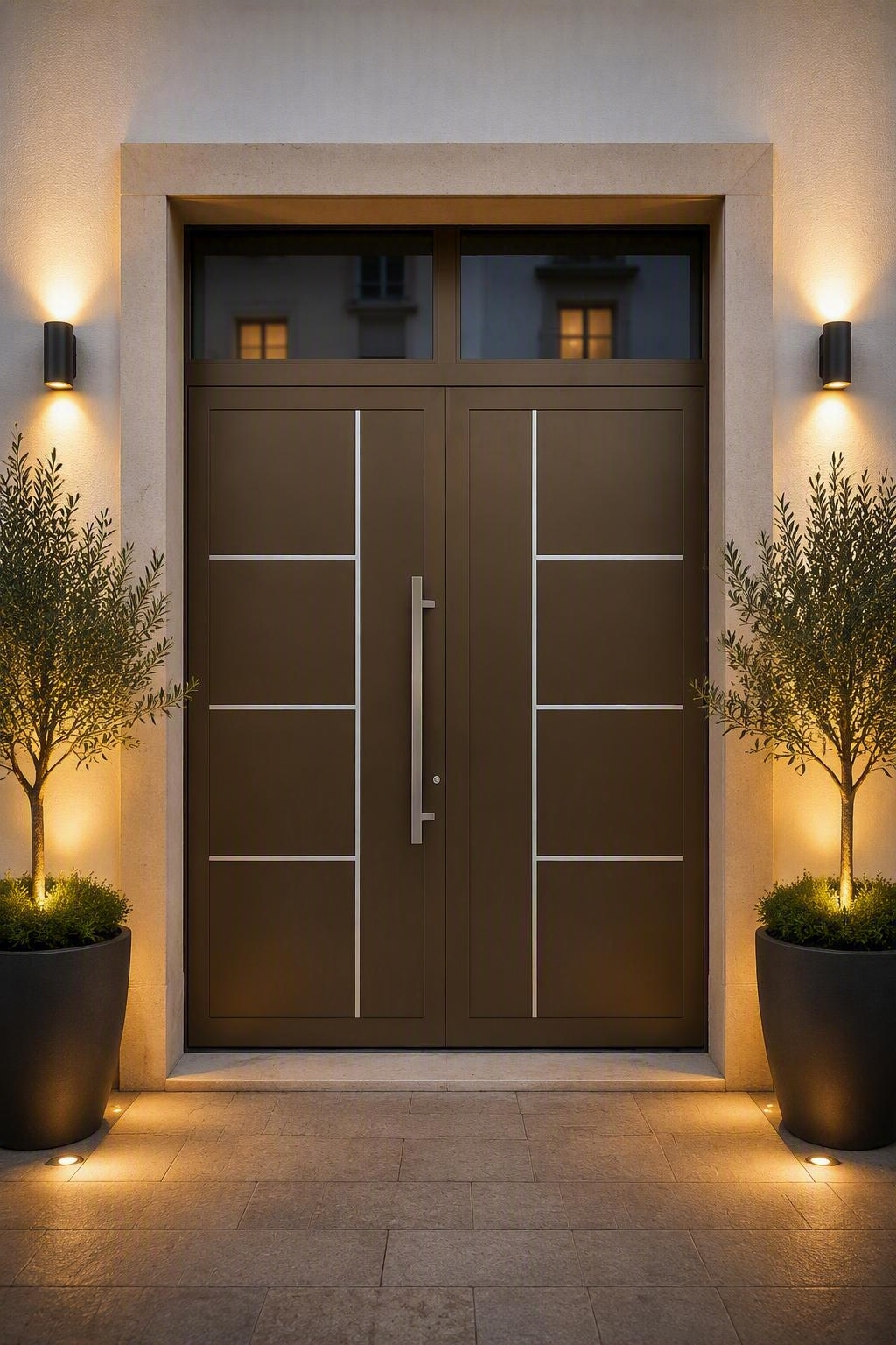 Moderna doppia porta d'ingresso marrone, fiancheggiata da piante in vaso e illuminata da calde luci a parete di notte.