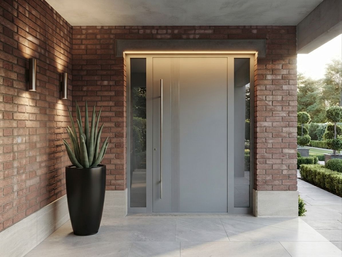 Ingresso moderno in mattoni con doppie porte in vetro satinato e una pianta in vaso sul portico.
