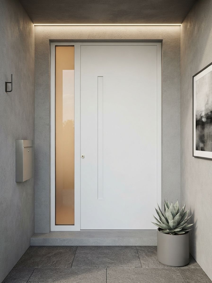Porta d'ingresso moderna con pannello di vetro stretto, fiancheggiata da pareti grigie e una pianta in vaso.