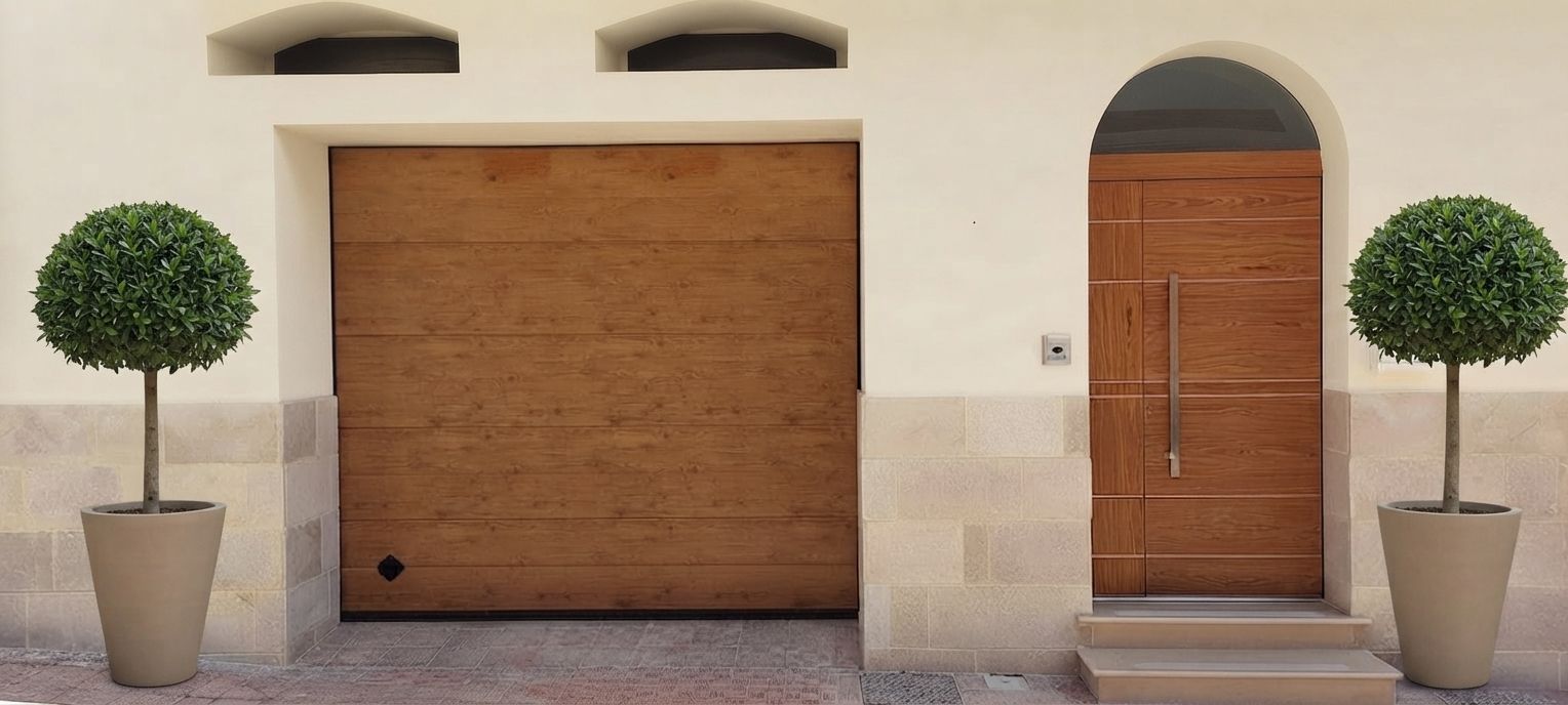 Facciata bianca della casa con porta del garage in legno, porta d'ingresso ad arco e due alberi in vaso.