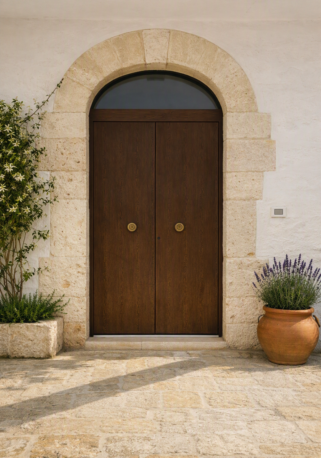 Portale ad arco in pietra con doppie porte in legno scuro, fiancheggiato da piante in vaso su una parete soleggiata.
