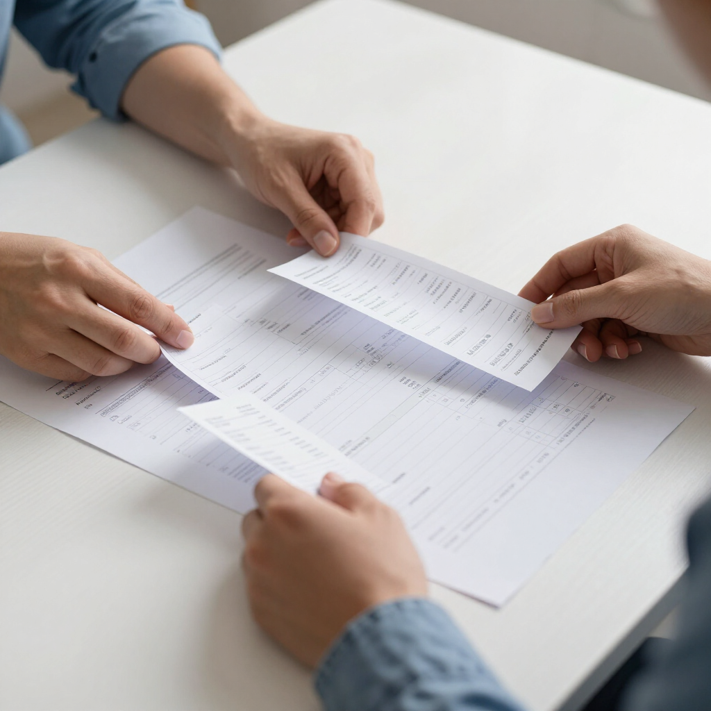 Hands reviewing printed documents on a white table in a bright office setting