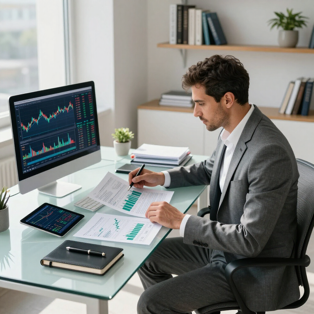 Man reviewing stock charts and reports at a desk with dual monitors in a bright office