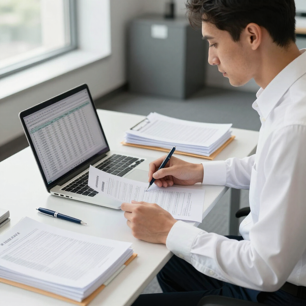 Person in a white shirt reviewing documents and a spreadsheet on a laptop at a desk in an office