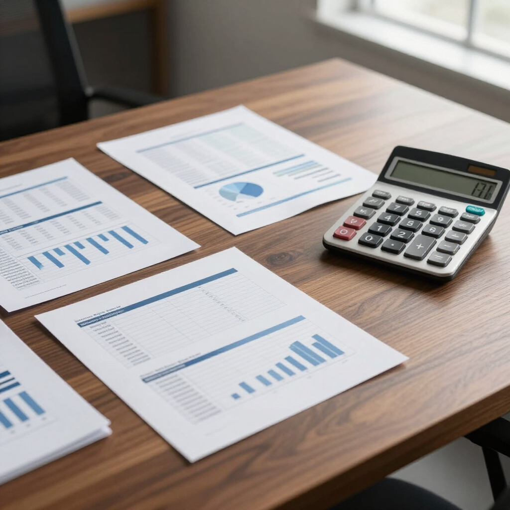 Calculator and business charts on a wooden desk by a window