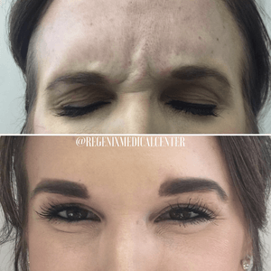 Before-and-after close-up of eyebrows and eyes, showing a makeup transformation from bare to polished look