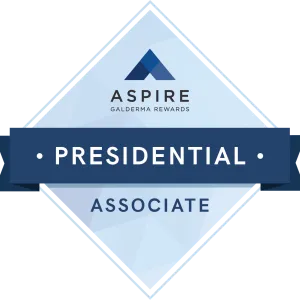 Blue and white Aspire Galderma Rewards Presidential Associate badge with diamond emblem