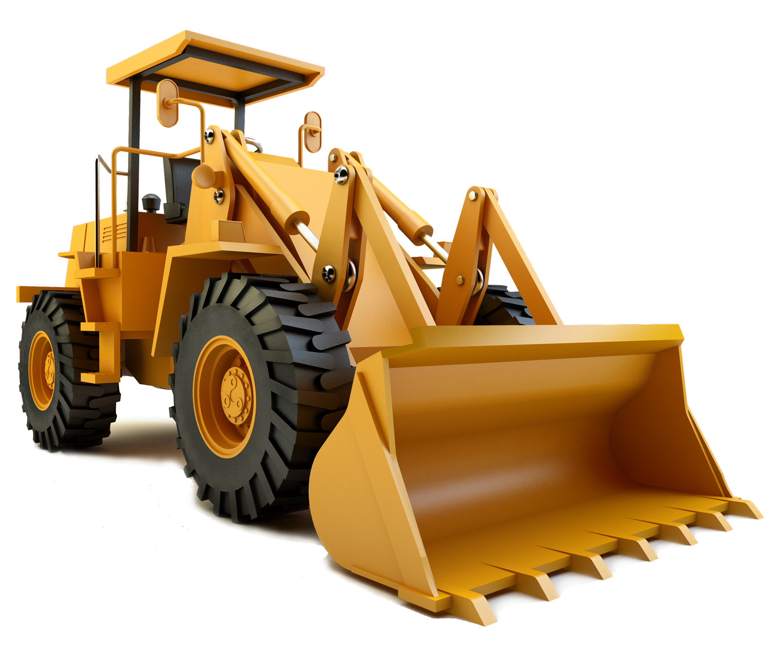 A yellow bulldozer with a large bucket on a white background