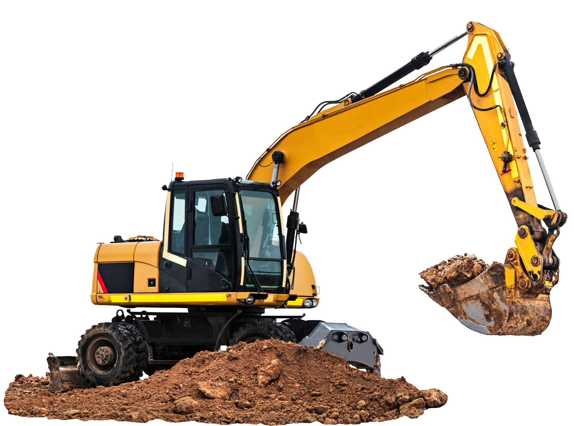 A yellow excavator is digging a pile of dirt on a white background.