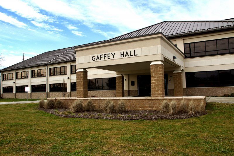 A large building with a sign that says gaffey hall
