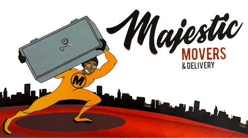 A cartoon of a man carrying a safe for majestic movers and delivery