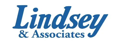 The logo for lindsey & associates is blue and white.