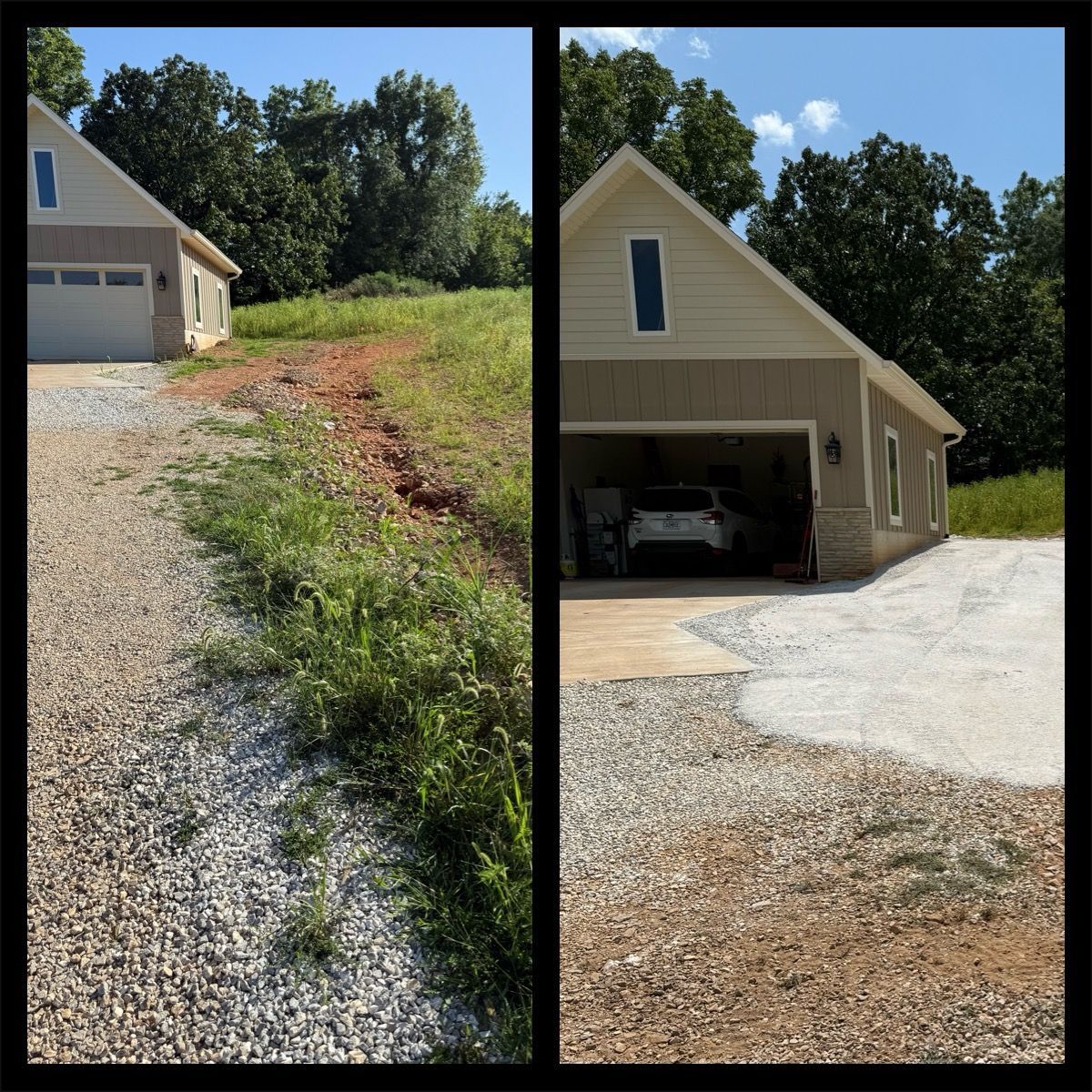 Two-panel photo shows a gravel driveway and garage. One side is overgrown with weeds, the other side is newly gravelled.