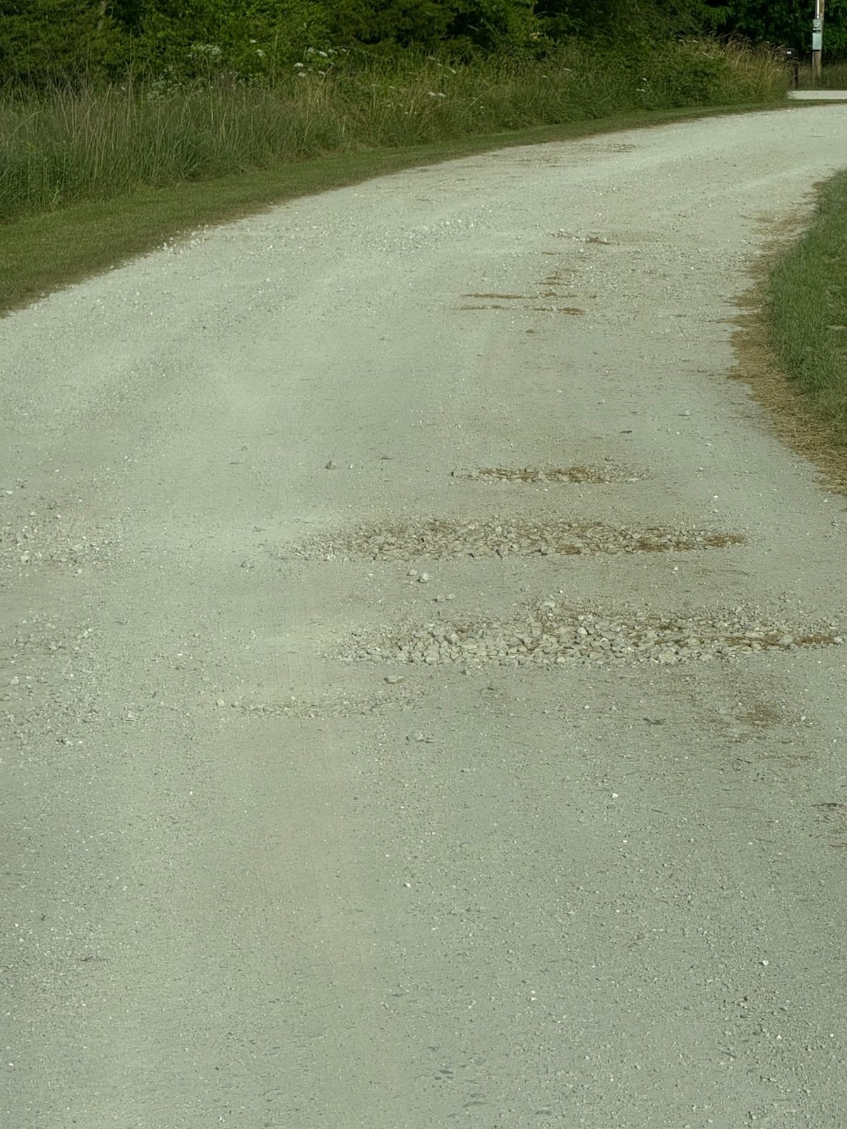 Gravel road curves through a grassy area. Patches of darker gravel appear on the road's surface.