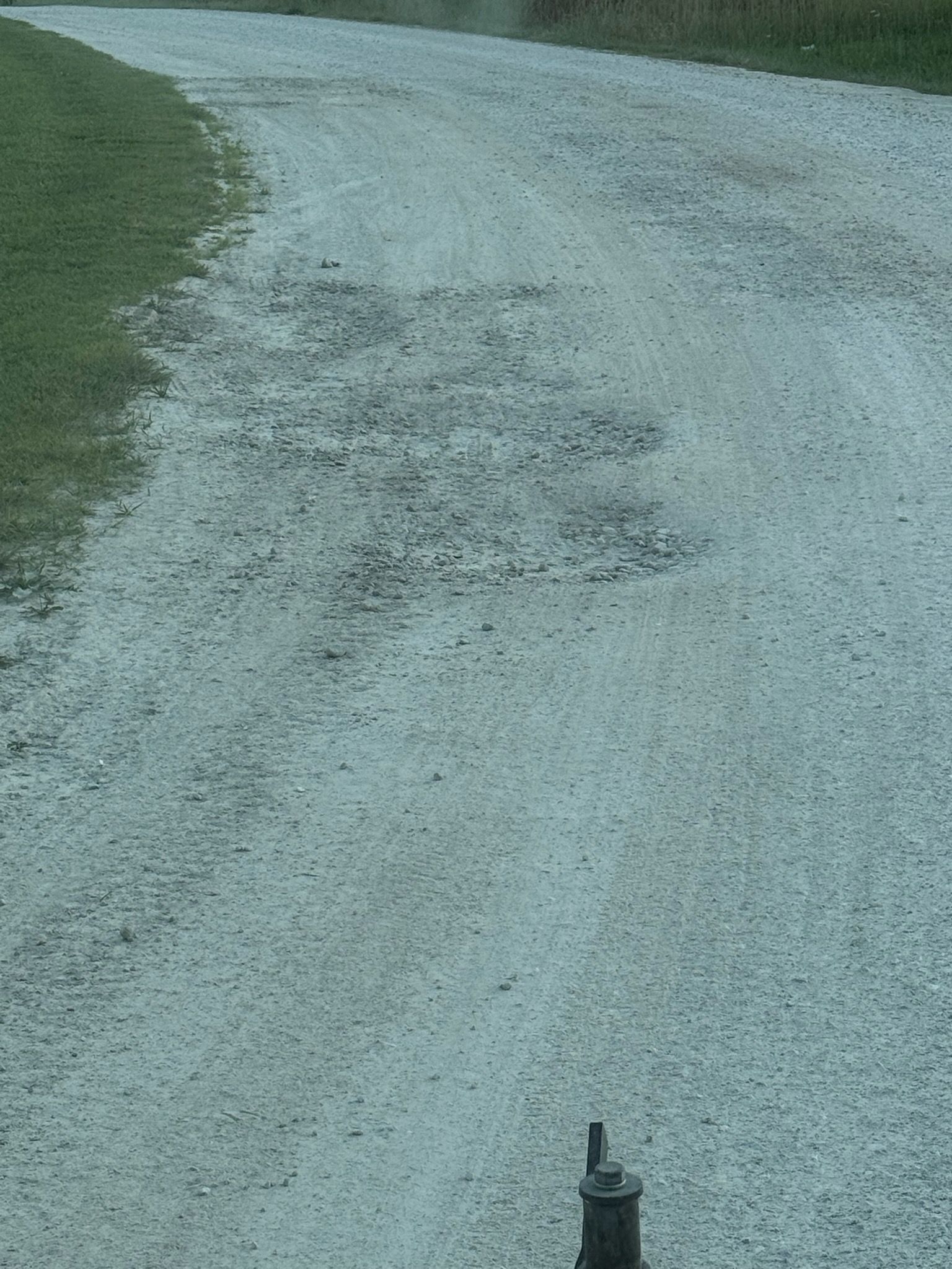 Gravel road curves through a grassy area, overcast sky.