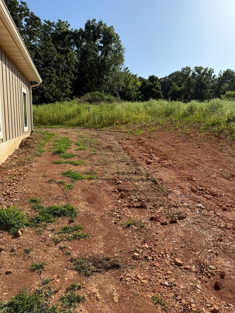 Red dirt yard next to building. Tall grass and trees in the background. Sunny, daytime.