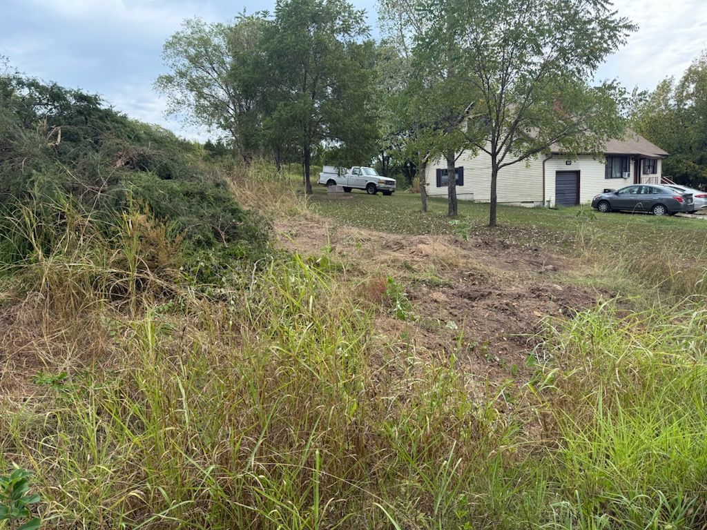 Grassy, cleared area in front of a house, with a pile of brush to the left.