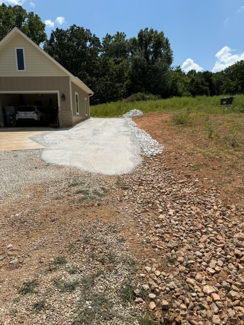 Gravel driveway leads to a beige house with a garage. Brown, grassy field in the foreground. Blue sky.