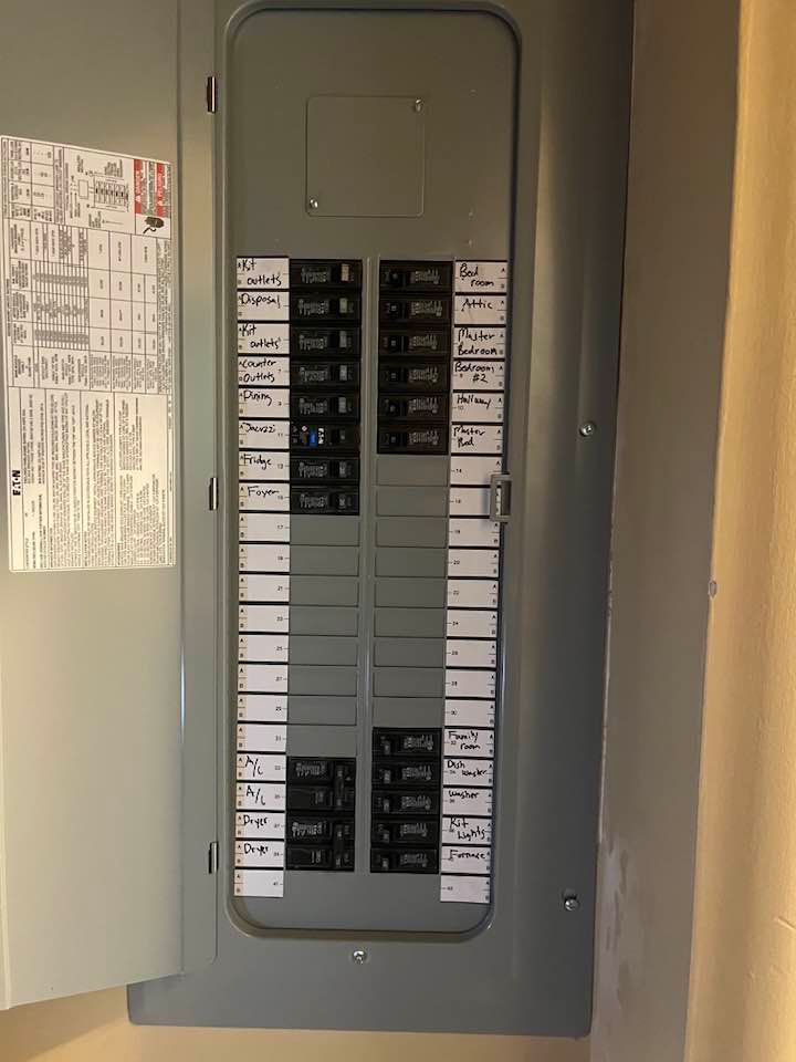Open electrical breaker panel with labeled switches on a gray wall.