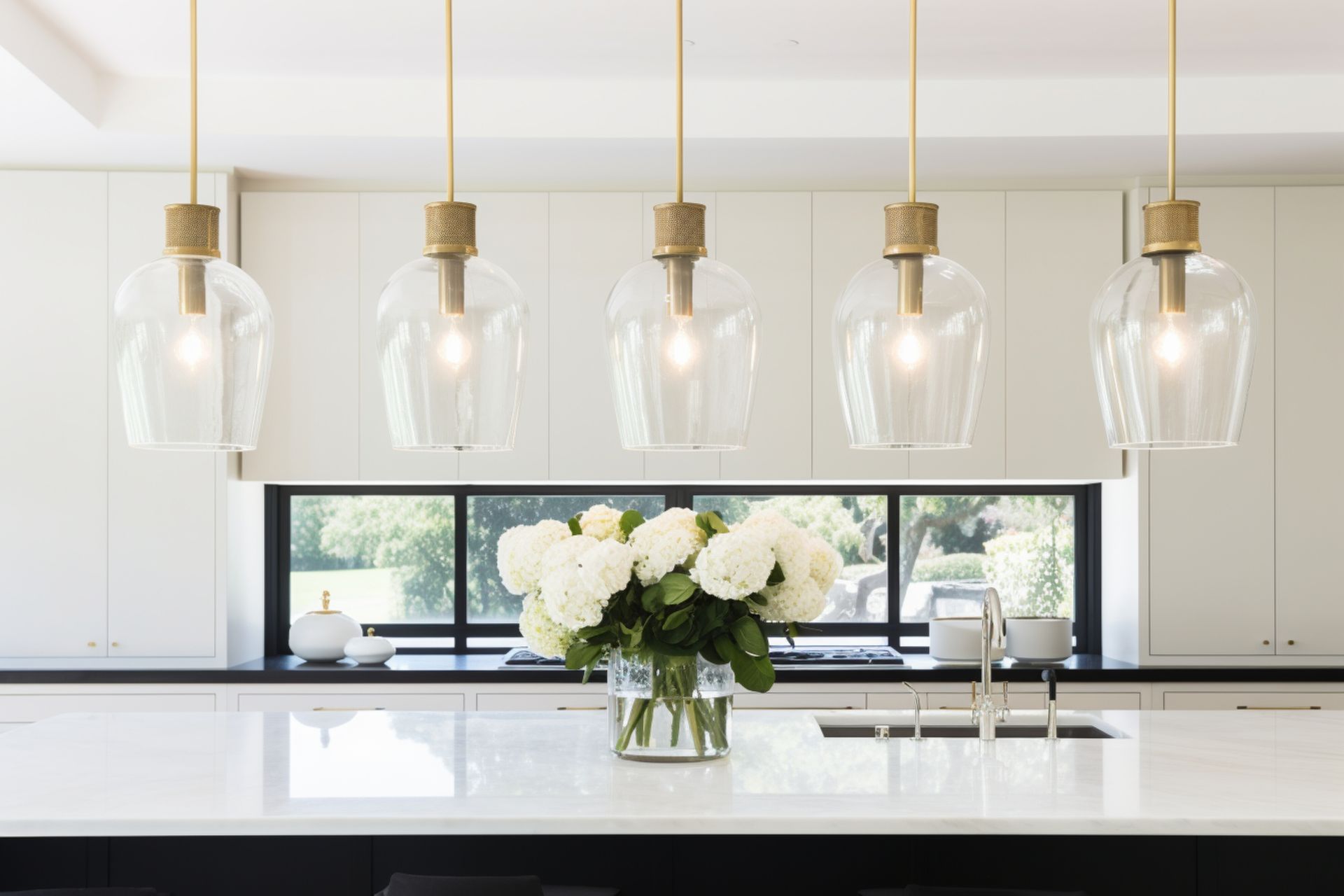 Modern white kitchen with pendant lights, marble island, and a vase of white flowers by a window
