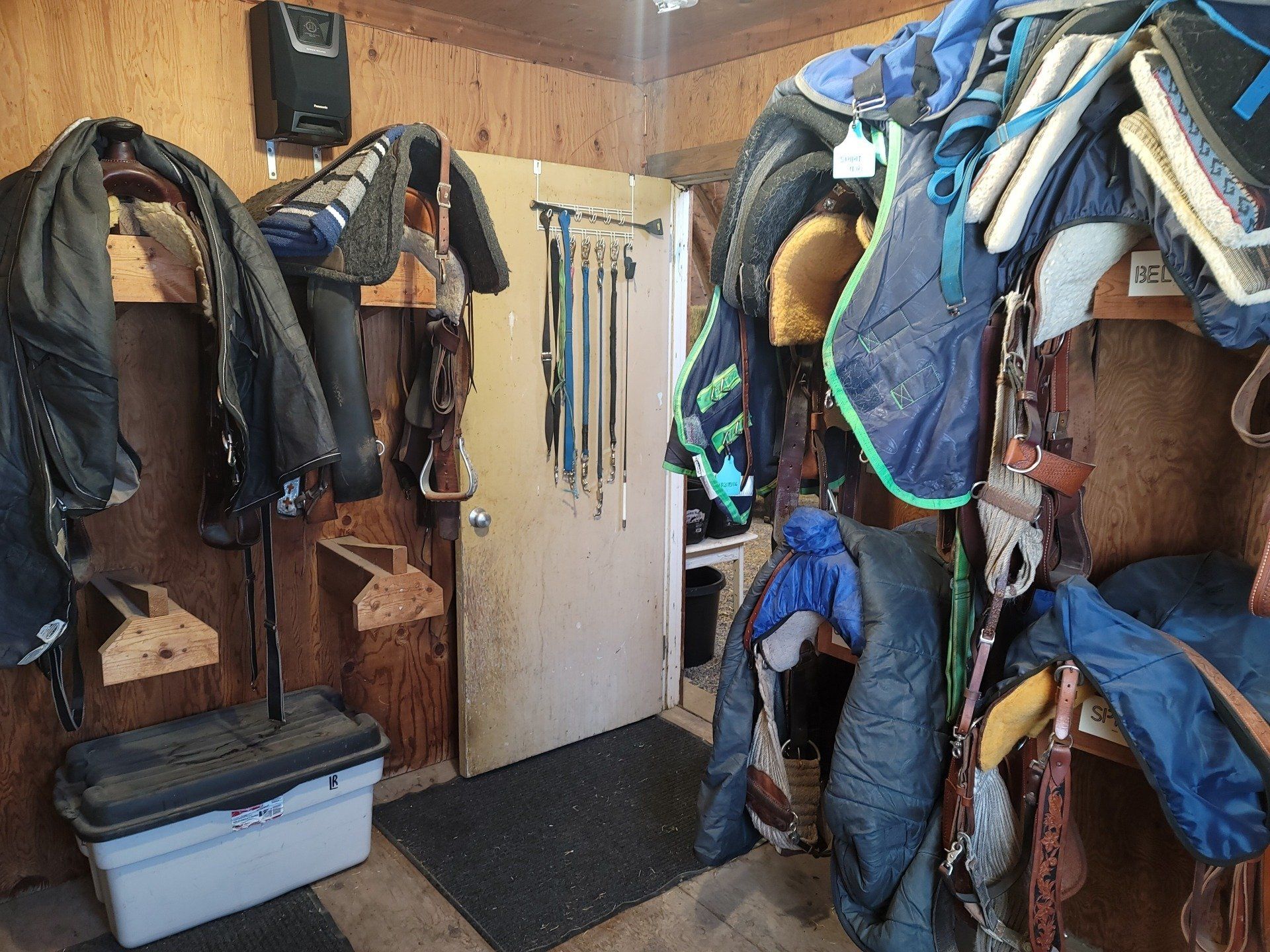 Small tack room with hanging saddles, blue riding gear, and a white door on wood-paneled walls