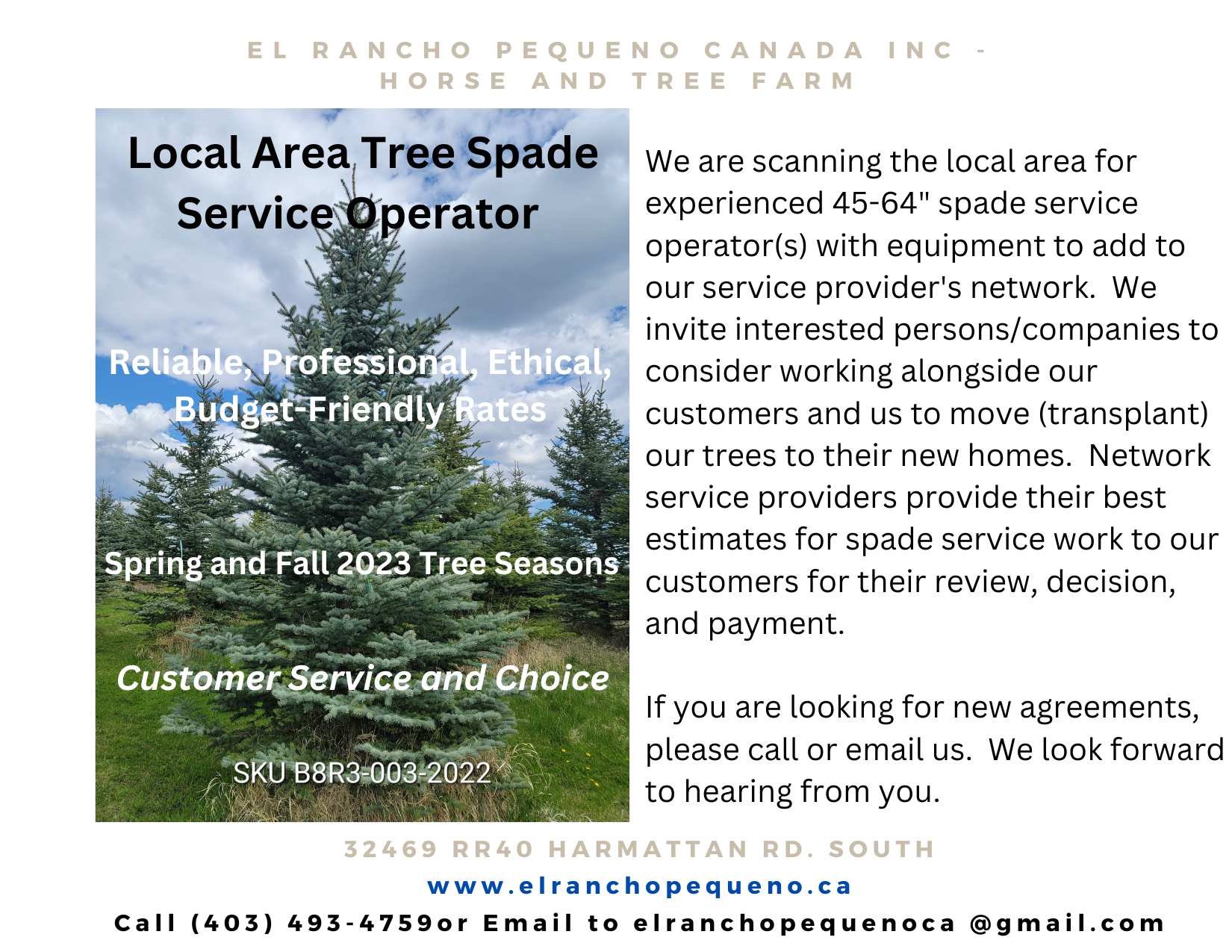 An advertisement for local area tree spade service operator