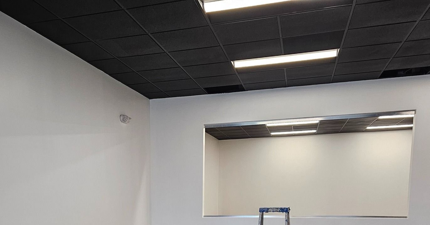 A room with a black tiled ceiling, white walls, and a rectangular opening.