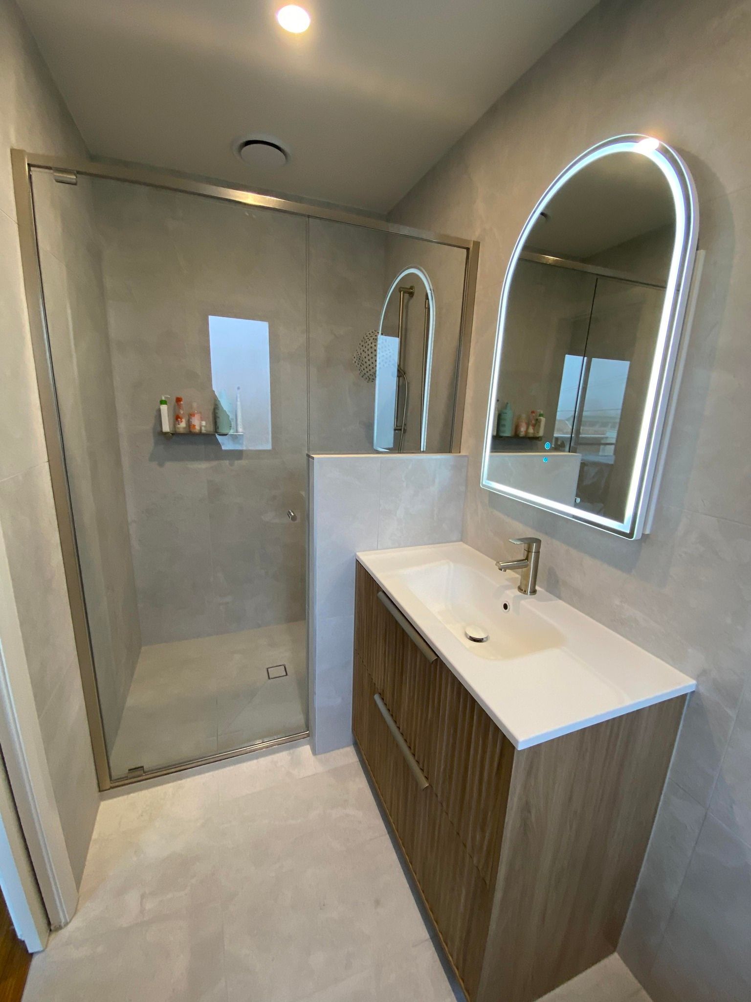 Modern Bathroom With Shower, Vanity — Rectified Edge Tiling & Bathroom Renovations in Jamison Centre, ACT