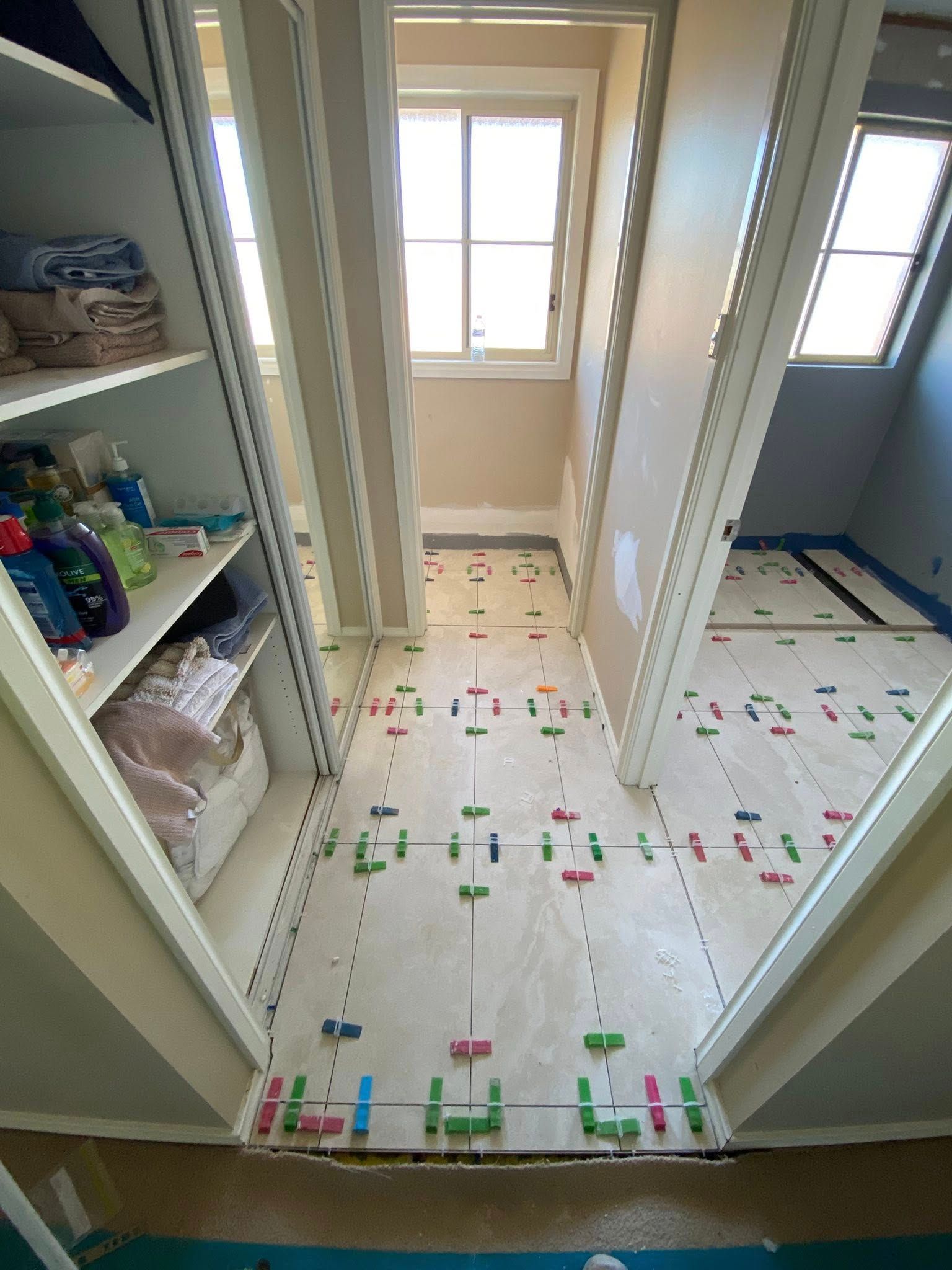 Room With New Flooring Installation; Green, Pink — Rectified Edge Tiling & Bathroom Renovations in Bungendore, NSW