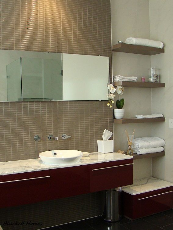 Modern Bathroom With Floating Shelves — Rectified Edge Tiling & Bathroom Renovations in Goulburn, NSW