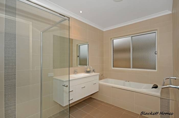 Bathroom With Beige Tiles, Shower — Rectified Edge Tiling & Bathroom Renovations in Bungendore, NSW