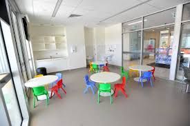 A childrens playroom with small white tables and colourful chairs — Commercial Painting Group in Kembla Grange, NSW